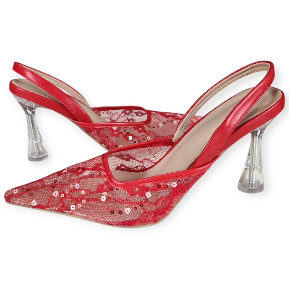 Elegant Red Lace Slingback Holiday Black Tie Heels EU39/US 7.5